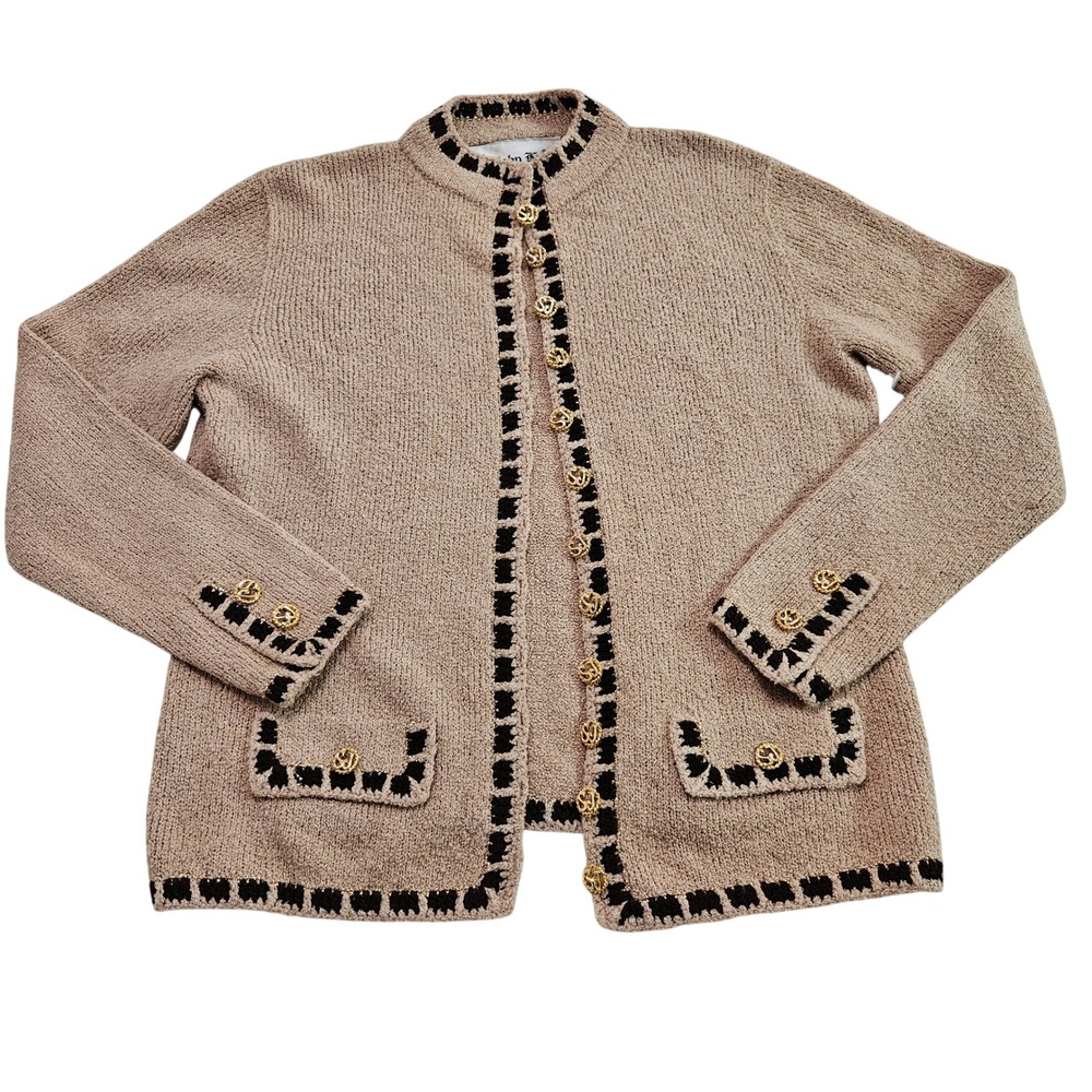 St. John Knits Santana Knit Old Money SJ Logo Button Cardigan Sweater Sz L